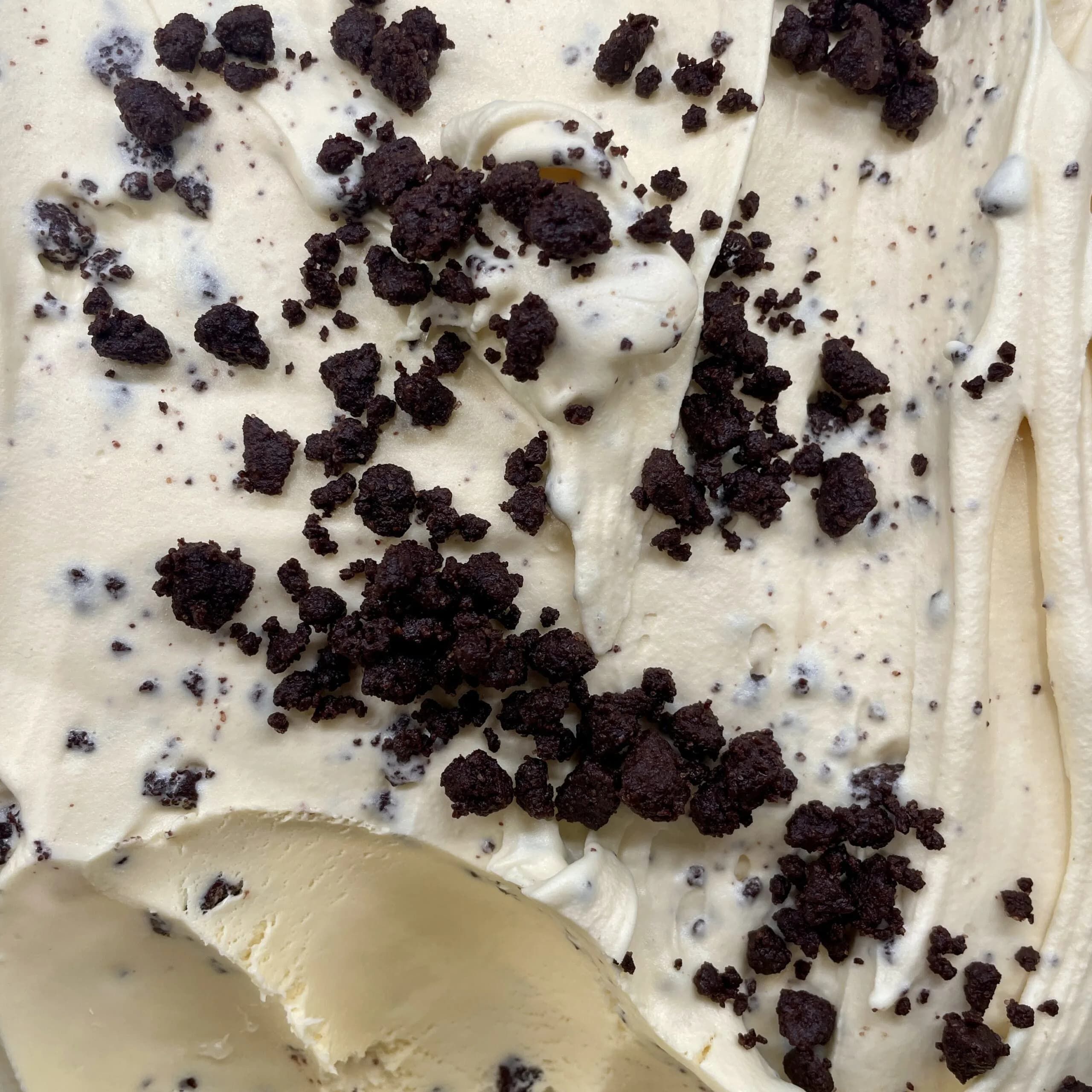 A close-up of pale gelato scattered with dark chocolate crumble
