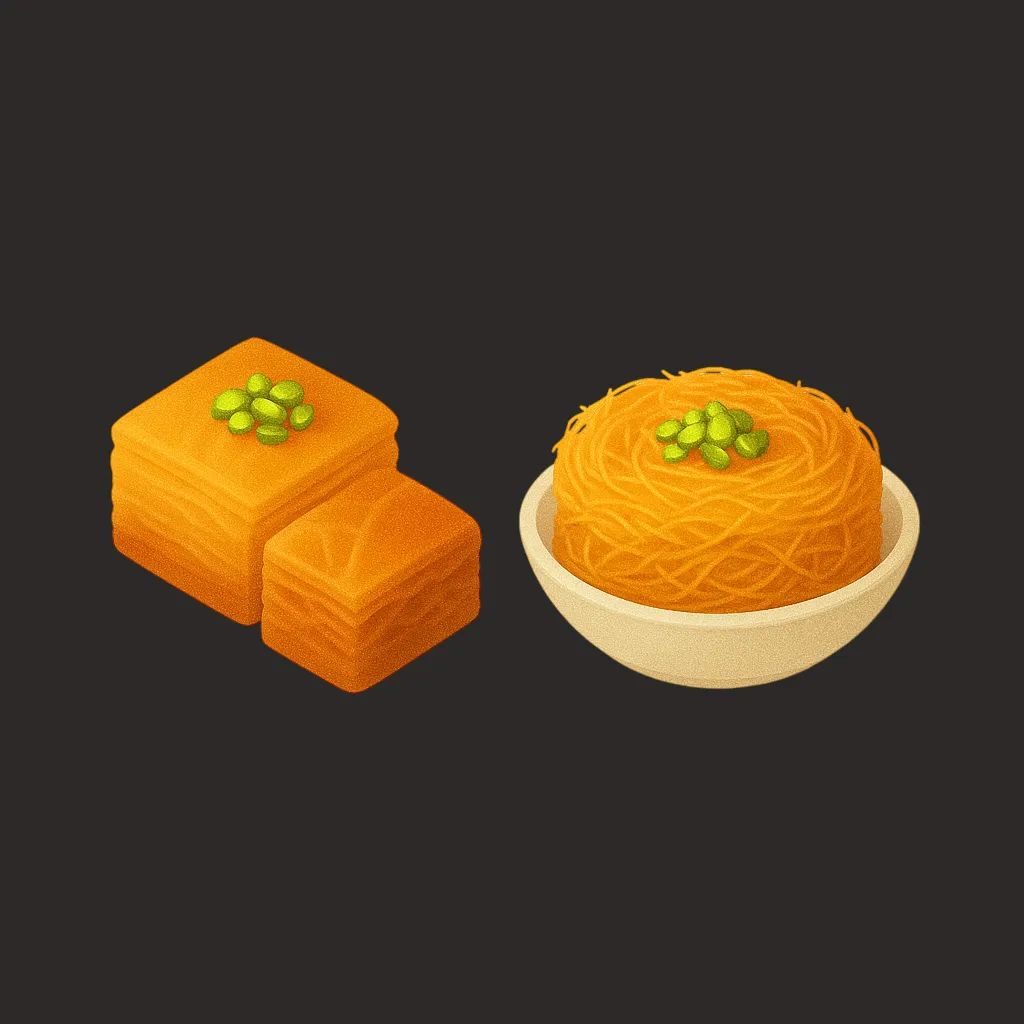 Layered konafa and a square of basbousa topped with pistachios, on black