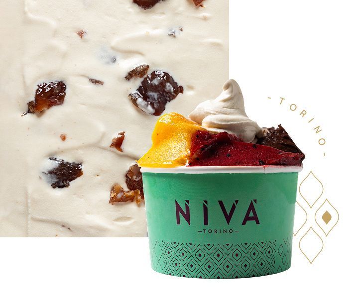 A green cup branded Niva Torino filled with mango, berry and chocolate gelato, beside a close-up of gelato studded with dark chocolate pieces